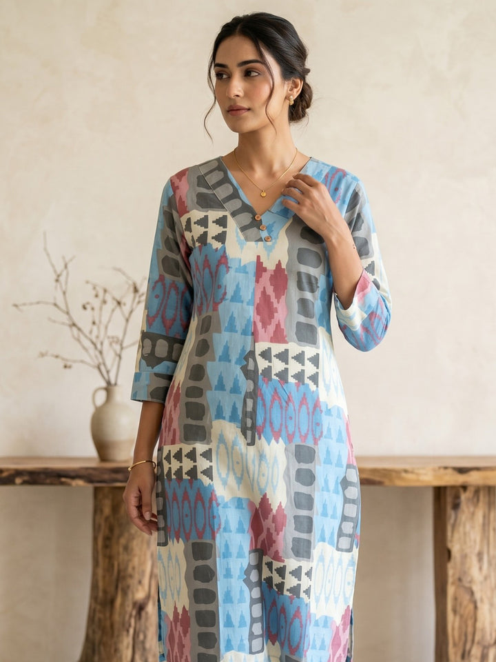 Sky Blue Printed Cotton Blend V Neck Straight Kurta With Pant