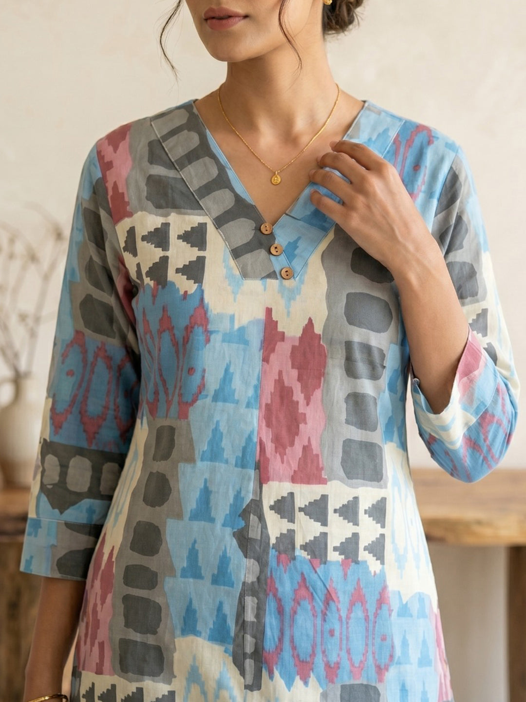 Sky Blue Printed Cotton Blend V Neck Straight Kurta With Pant
