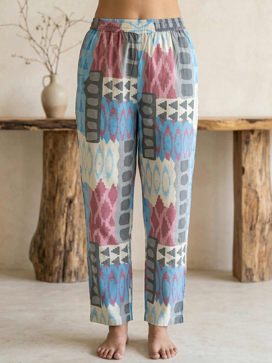 Sky Blue Printed Cotton Blend V Neck Straight Kurta With Pant