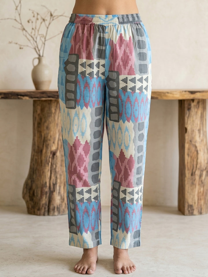 Sky Blue Printed Cotton Blend V Neck Straight Kurta With Pant