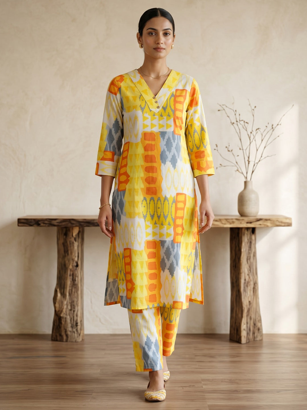 Yellow Printed Cotton Blend V Neck Straight Kurta With Pant