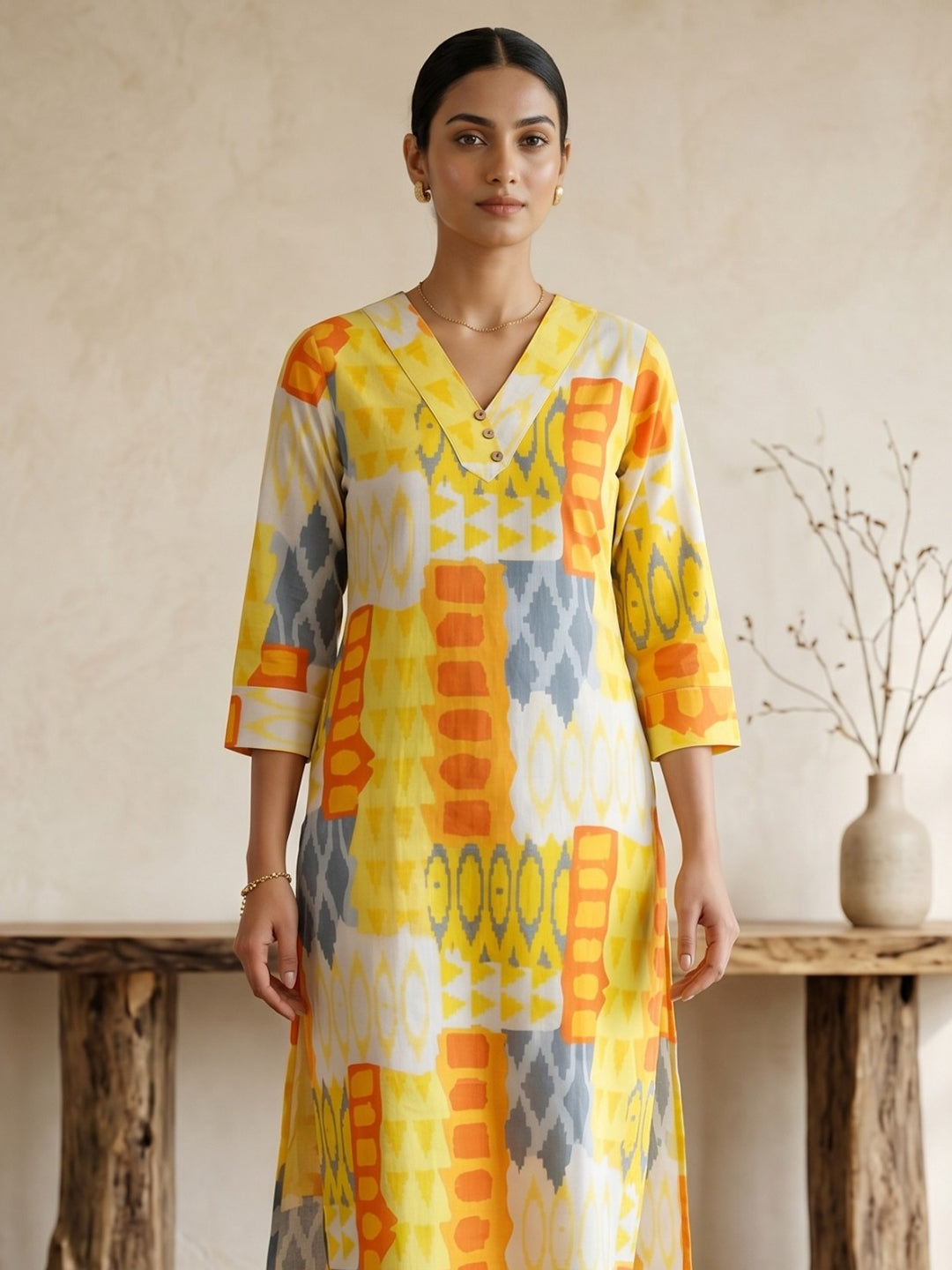 Yellow Printed Cotton Blend V Neck Straight Kurta With Pant