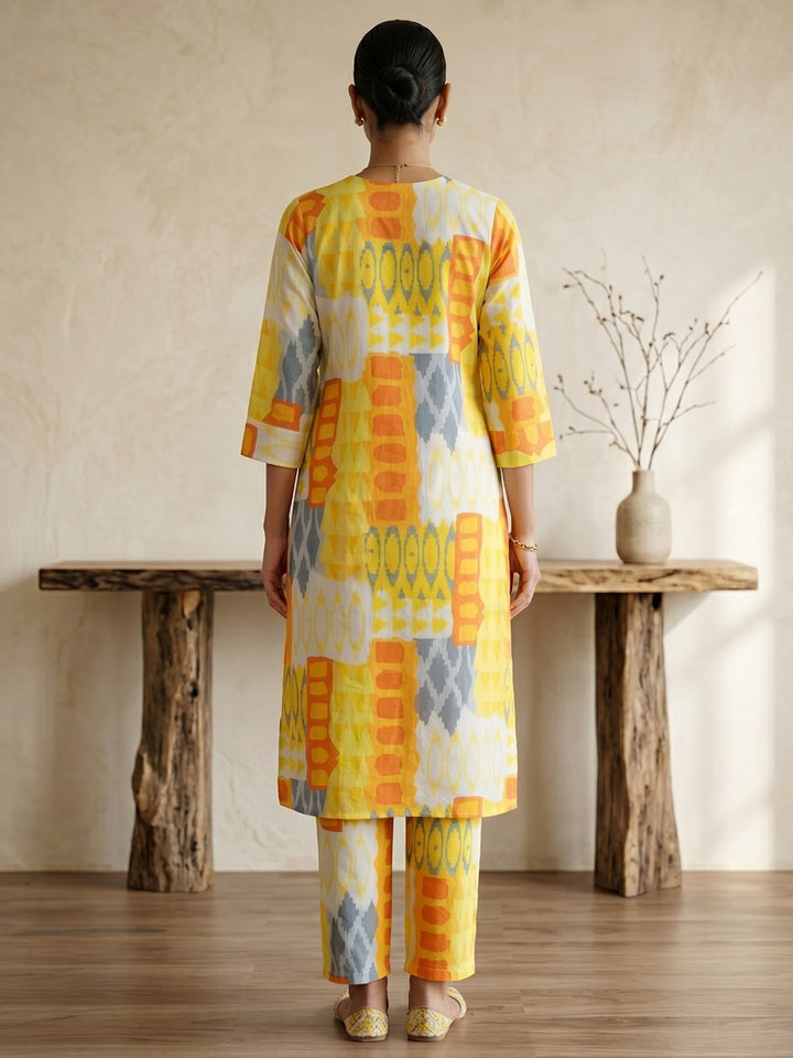 Yellow Printed Cotton Blend V Neck Straight Kurta With Pant