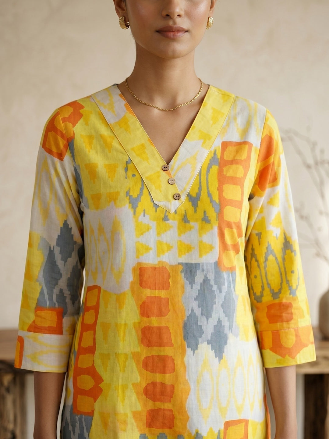 Yellow Printed Cotton Blend V Neck Straight Kurta With Pant