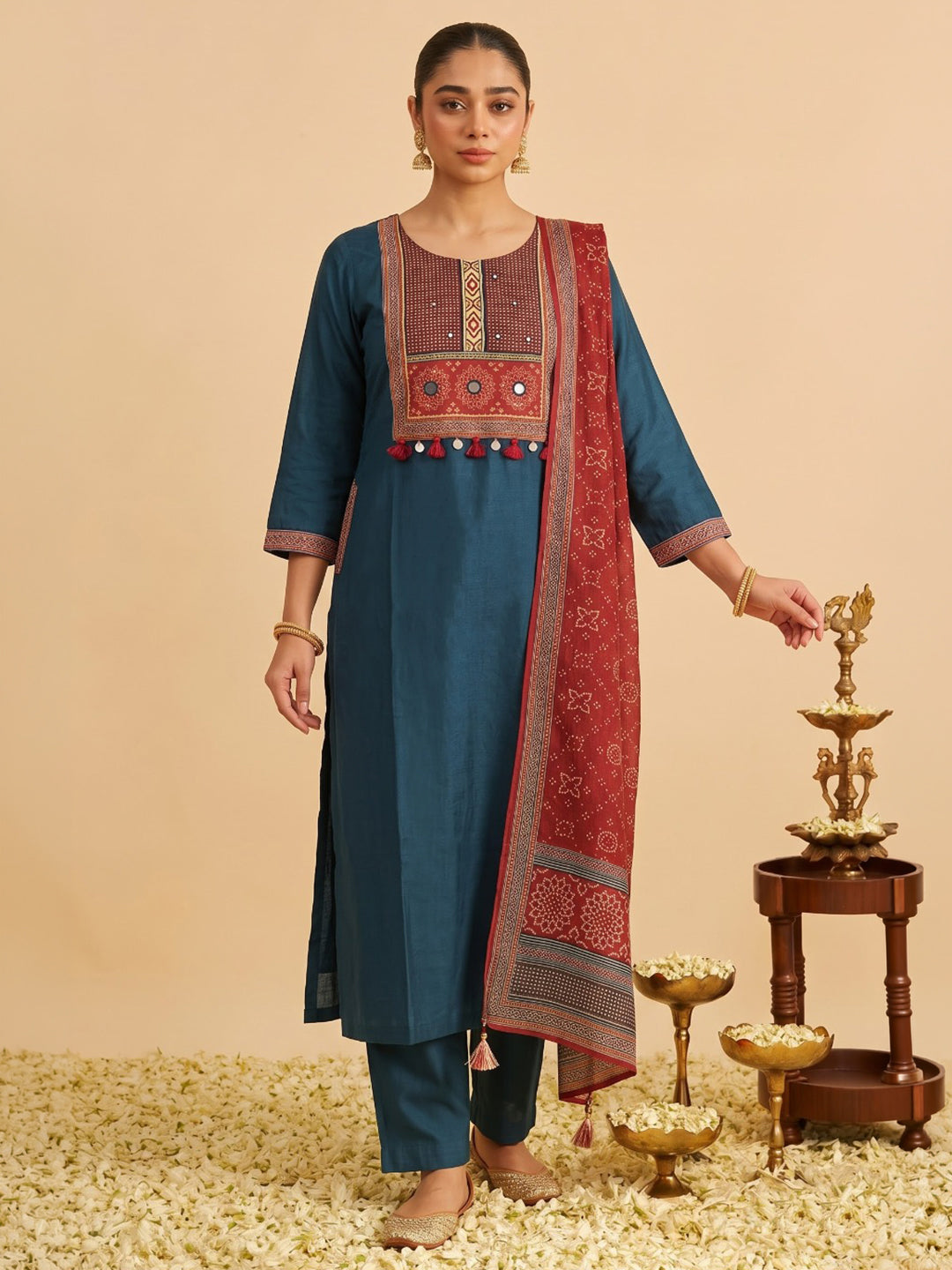 Teal Blue Embroidered Art Silk Kurta With Pant &amp; Dupatta