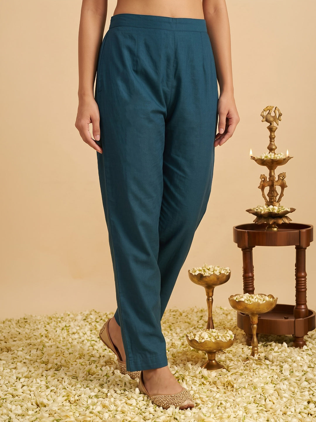 Teal Blue Embroidered Art Silk Kurta With Pant &amp; Dupatta