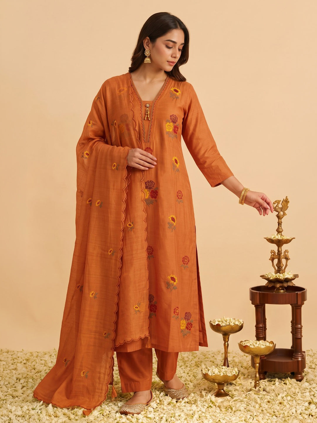 Orange Embroidered Chanderi Kurta With Pant &amp; Dupatta