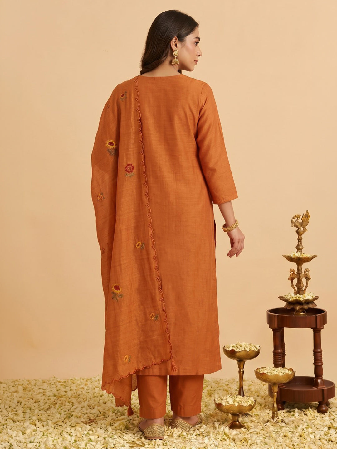 Orange Embroidered Chanderi Kurta With Pant &amp; Dupatta