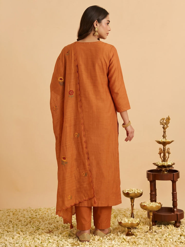 Orange Embroidered Chanderi Kurta With Pant &amp; Dupatta