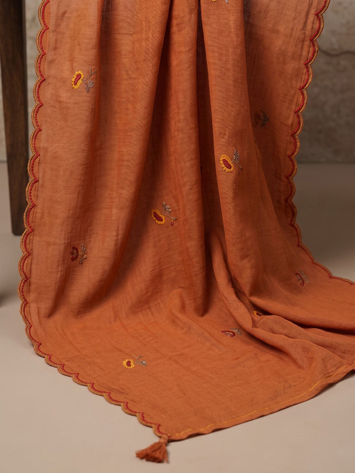 Orange Embroidered Chanderi Kurta With Pant &amp; Dupatta