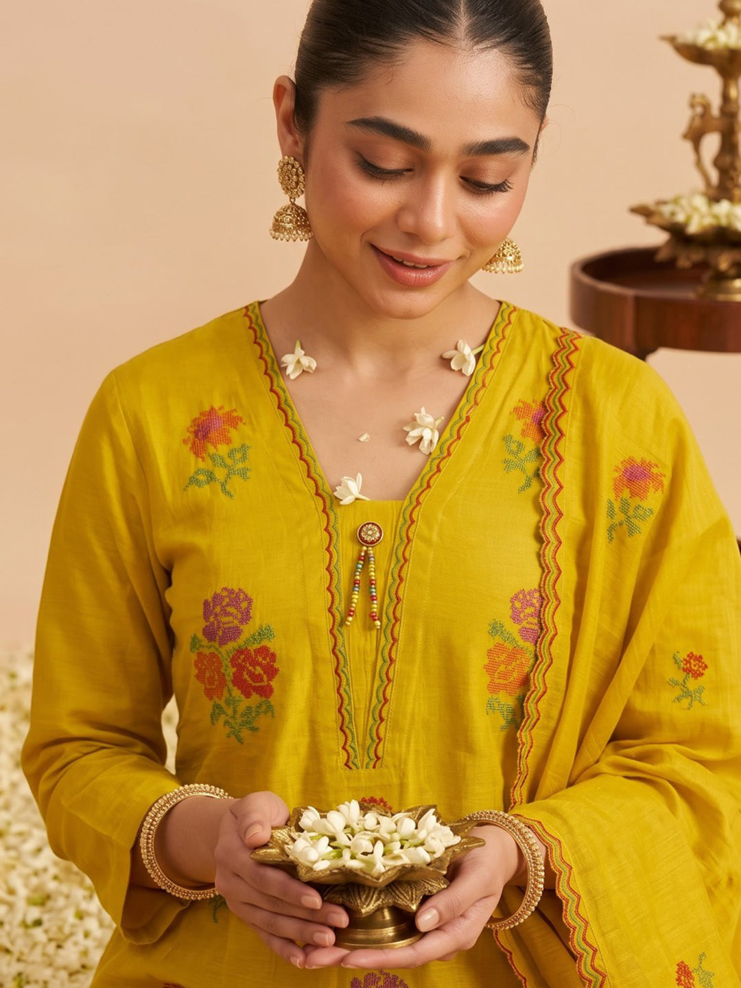 Yellow Embroidered Chanderi Kurta With Pant &amp; Dupatta