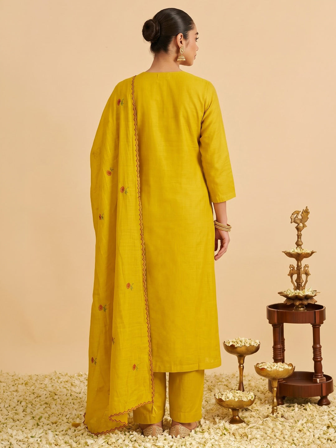 Yellow Embroidered Chanderi Kurta With Pant &amp; Dupatta