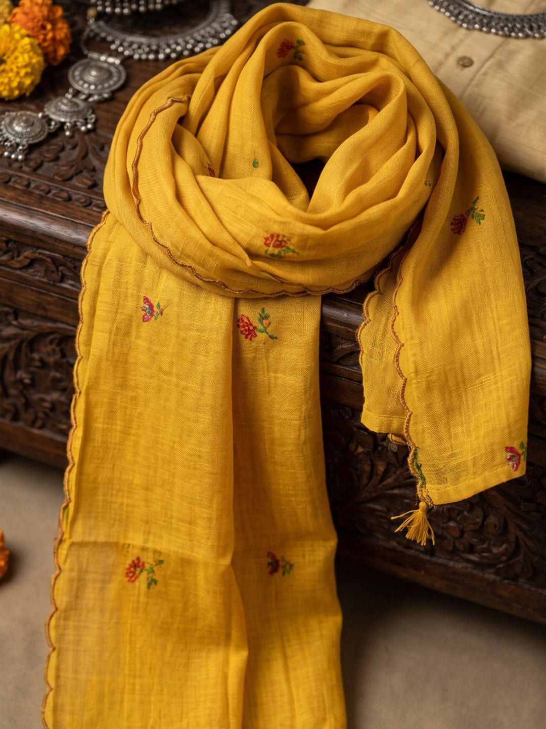 Yellow Embroidered Chanderi Kurta With Pant &amp; Dupatta