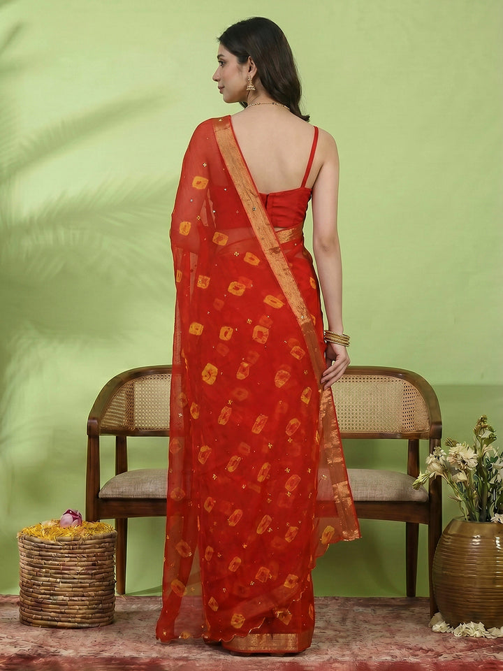 Red Embroidered Chiffon Saree
