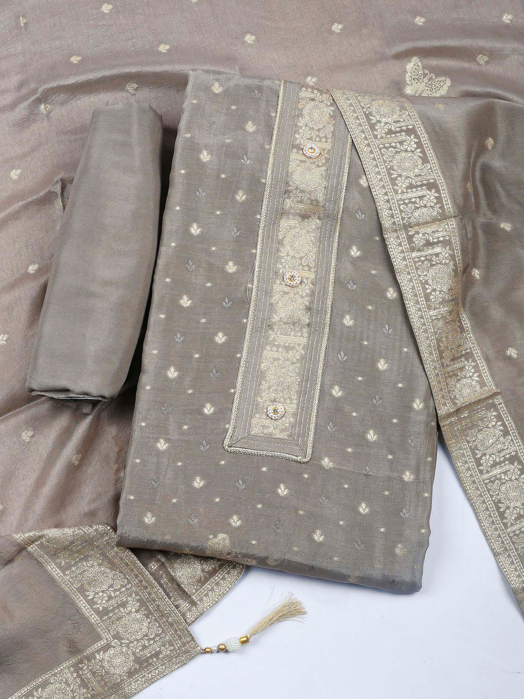 Grey Woven Design Art Silk Unstitched Dress Material
