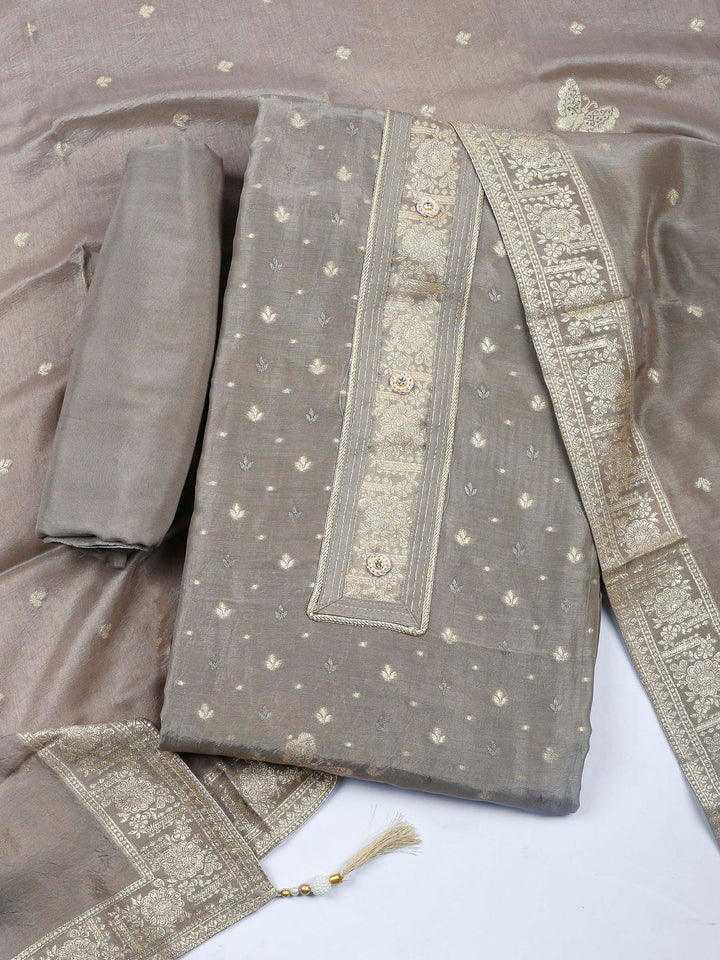 Grey Woven Design Art Silk Unstitched Dress Material