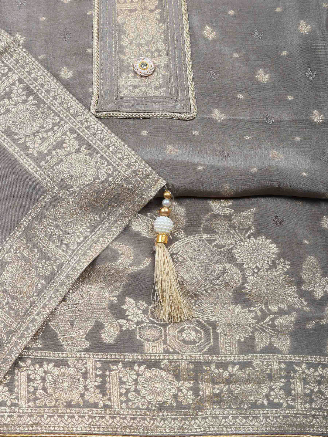 Grey Woven Design Art Silk Unstitched Dress Material