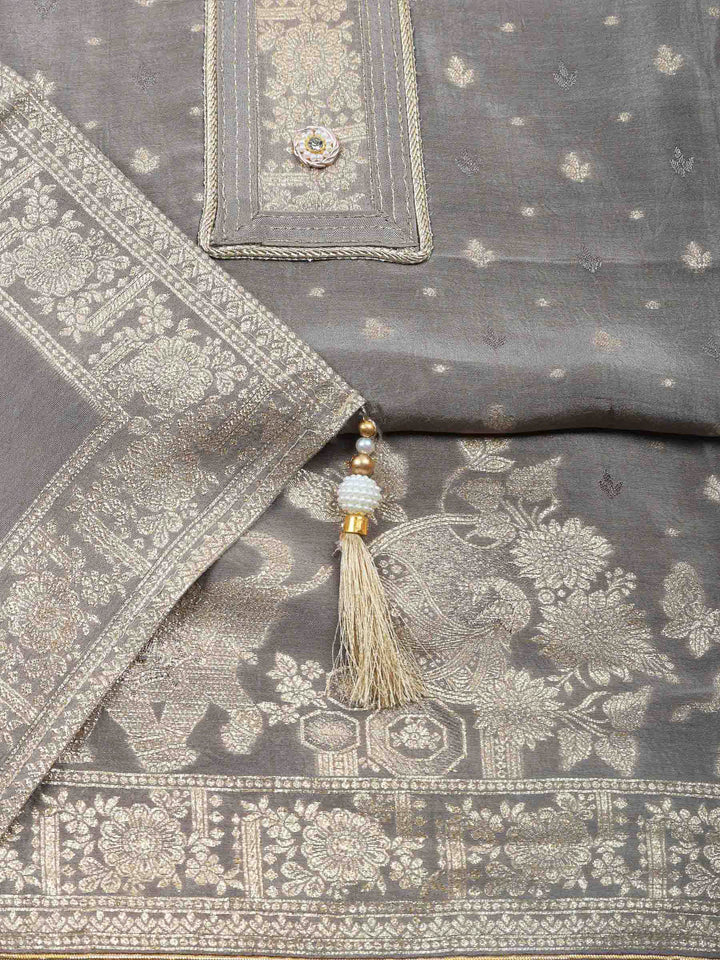 Grey Woven Design Art Silk Unstitched Dress Material
