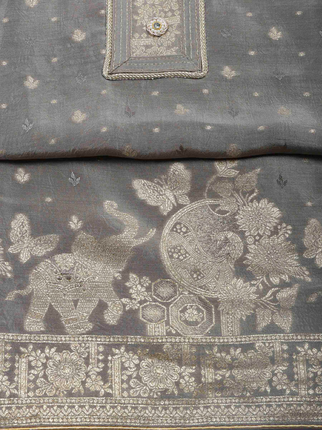 Grey Woven Design Art Silk Unstitched Dress Material