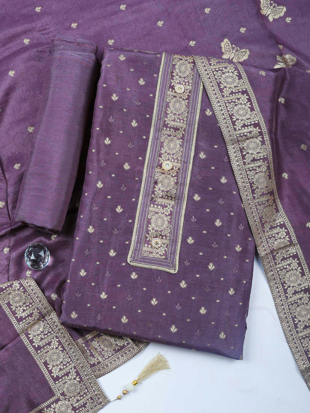 Lavender Woven Design Art Silk Unstitched Dress Material
