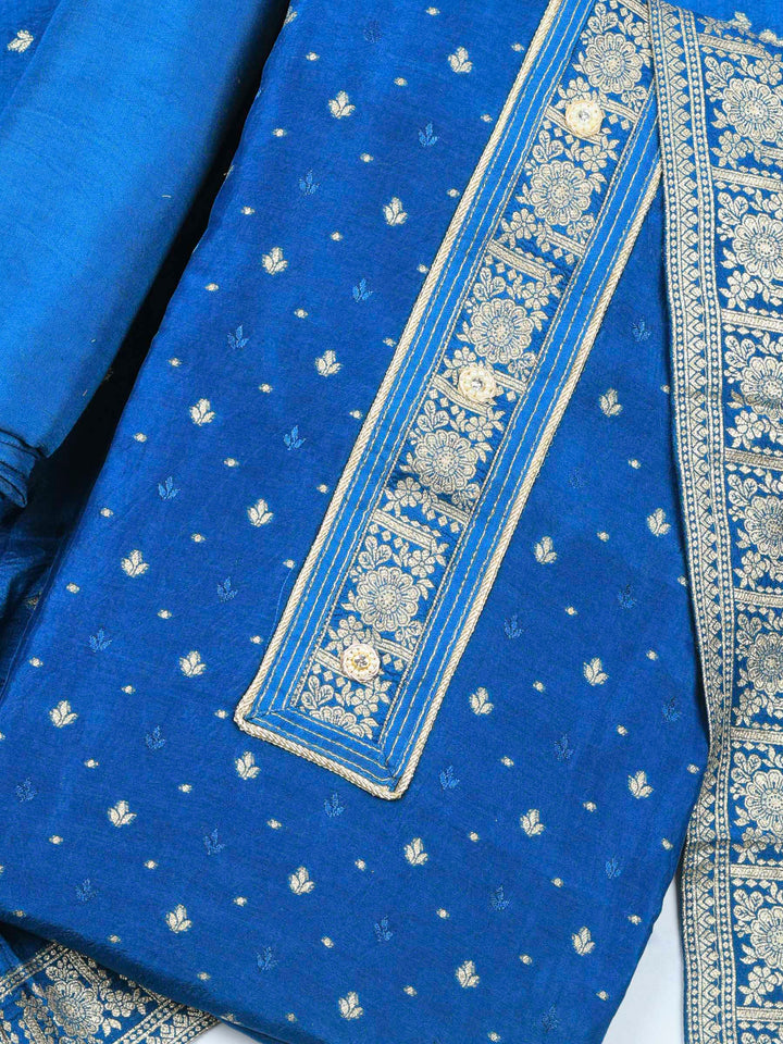 Teal Blue Woven Design Art Silk Unstitched Dress Material