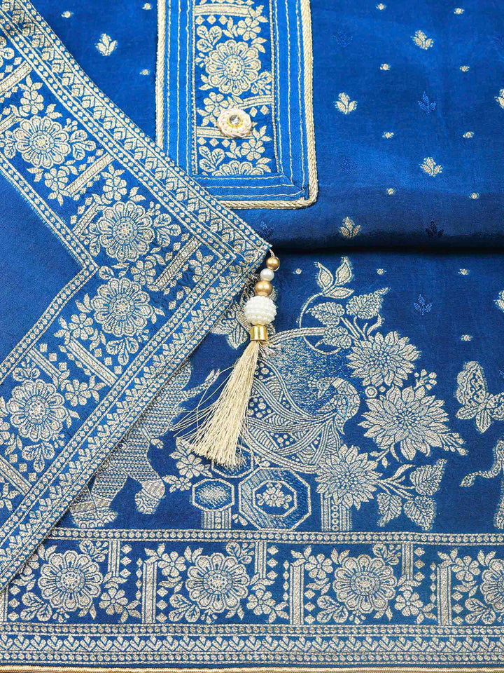 Teal Blue Woven Design Art Silk Unstitched Dress Material