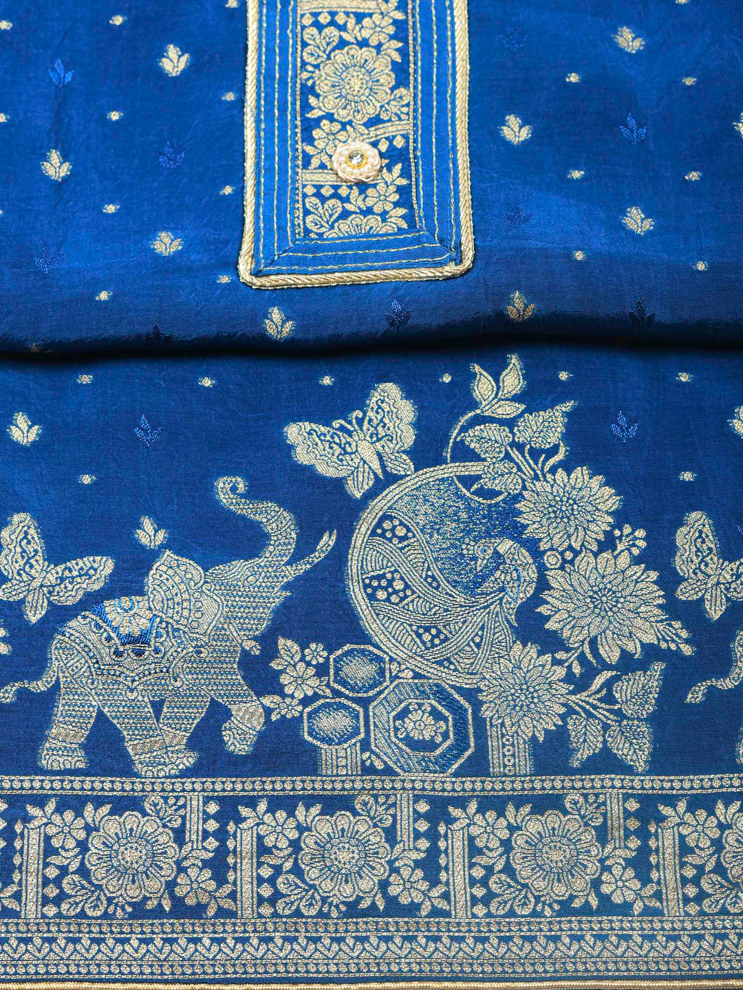 Teal Blue Woven Design Art Silk Unstitched Dress Material