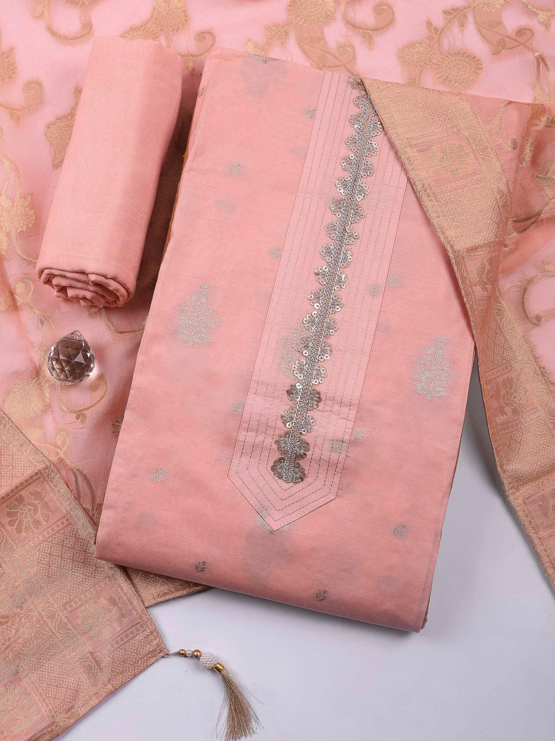 Peach Embroidered Chanderi Unstitched Suit &amp; Pant With Banarsi Dupatta