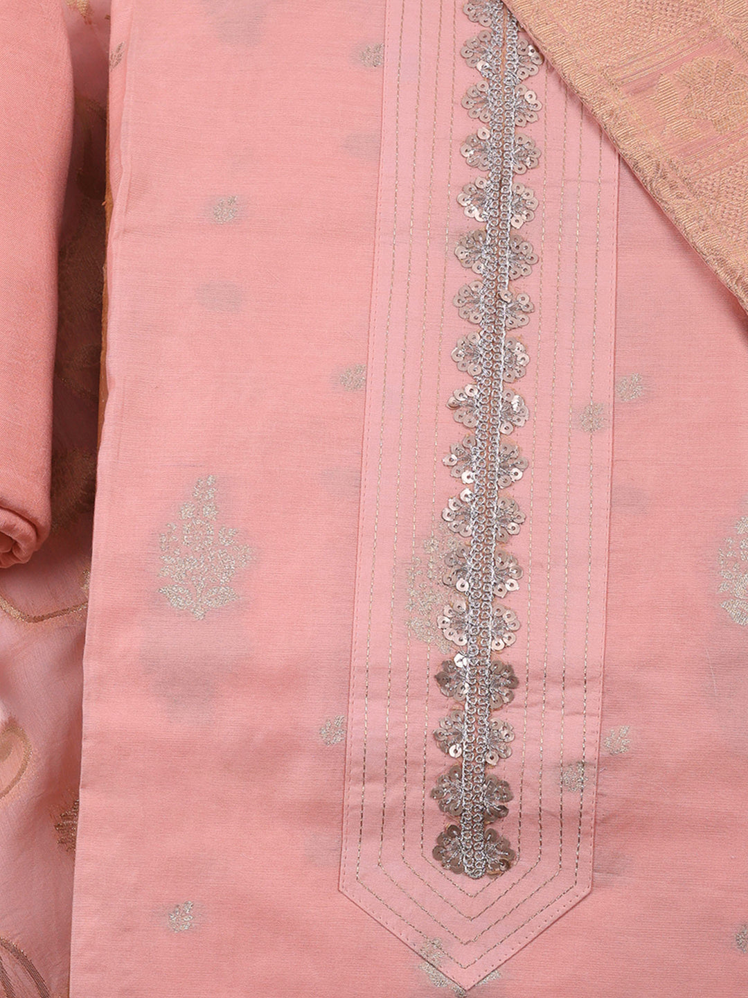 Peach Embroidered Chanderi Unstitched Suit &amp; Pant With Banarsi Dupatta