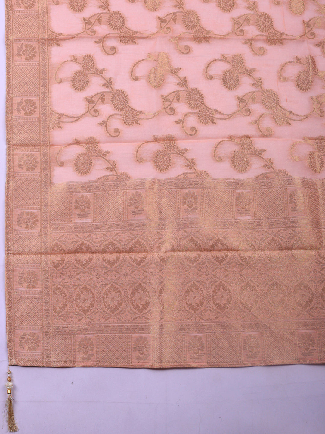 Peach Embroidered Chanderi Unstitched Suit &amp; Pant With Banarsi Dupatta