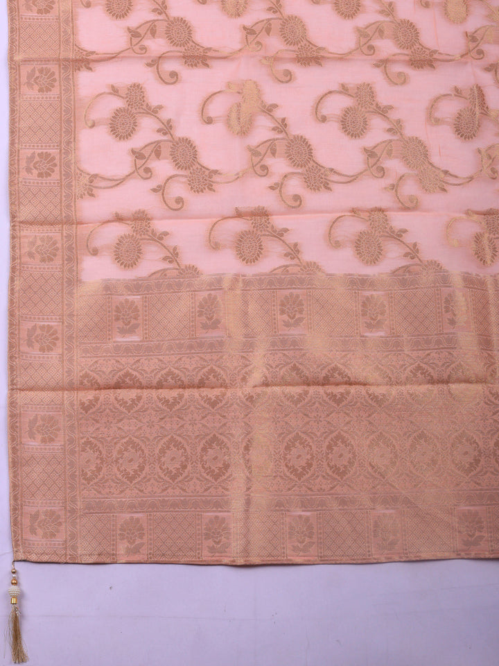 Peach Embroidered Chanderi Unstitched Suit &amp; Pant With Banarsi Dupatta