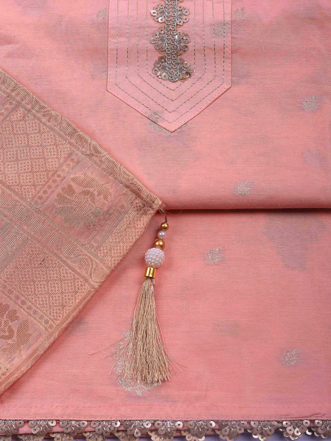 Peach Embroidered Chanderi Unstitched Suit &amp; Pant With Banarsi Dupatta