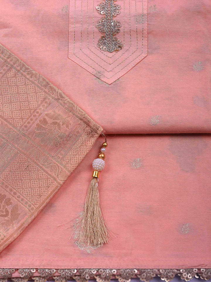 Peach Embroidered Chanderi Unstitched Suit &amp; Pant With Banarsi Dupatta