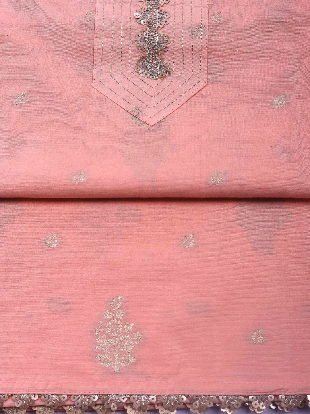 Peach Embroidered Chanderi Unstitched Suit &amp; Pant With Banarsi Dupatta