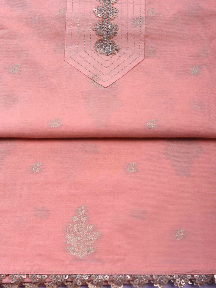 Peach Embroidered Chanderi Unstitched Suit &amp; Pant With Banarsi Dupatta