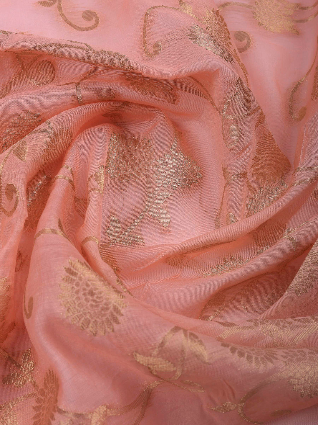 Peach Embroidered Chanderi Unstitched Suit &amp; Pant With Banarsi Dupatta