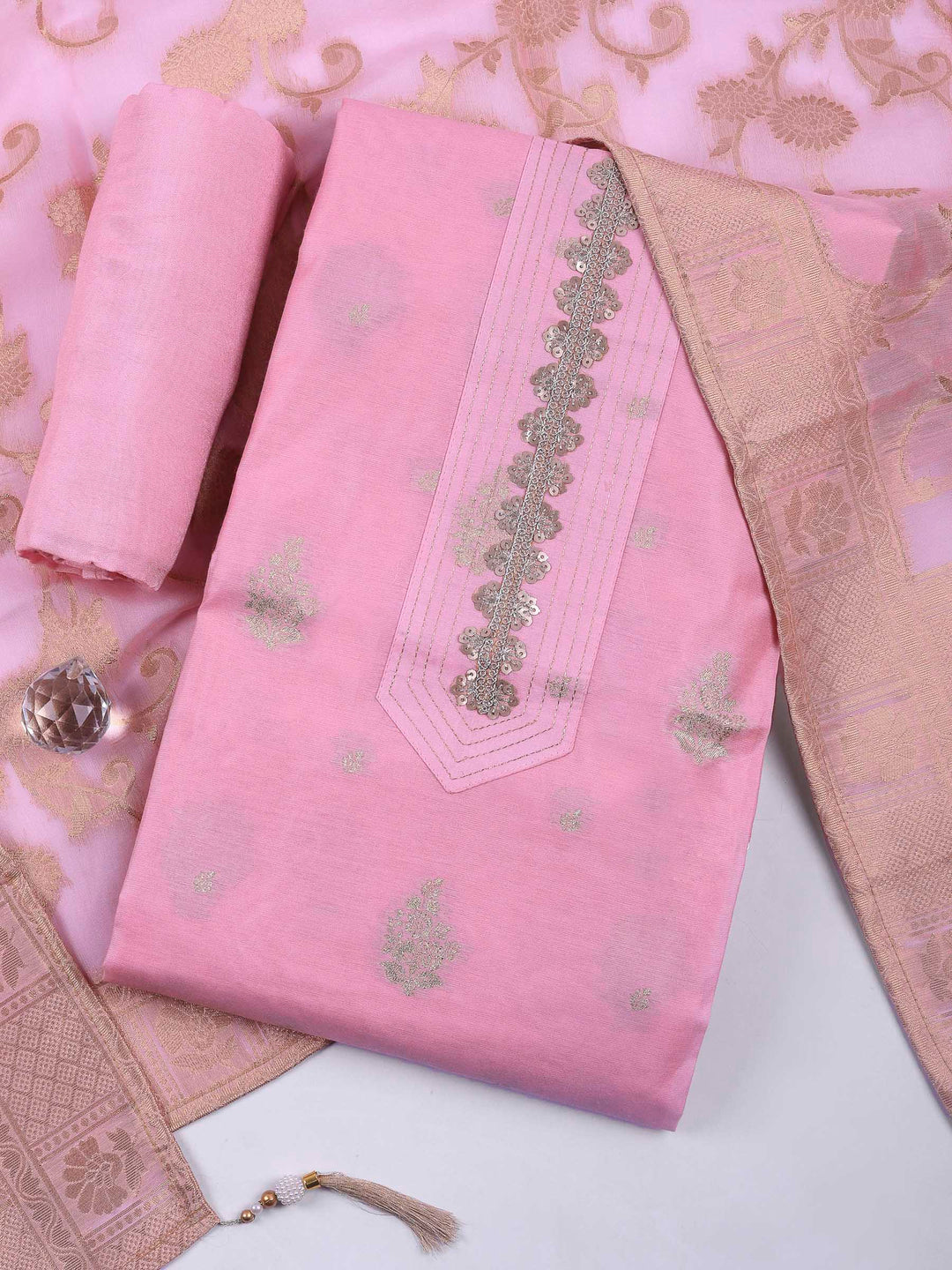 Pink Embroidered Chanderi Unstitched Suit &amp; Pant With Banarsi Dupatta