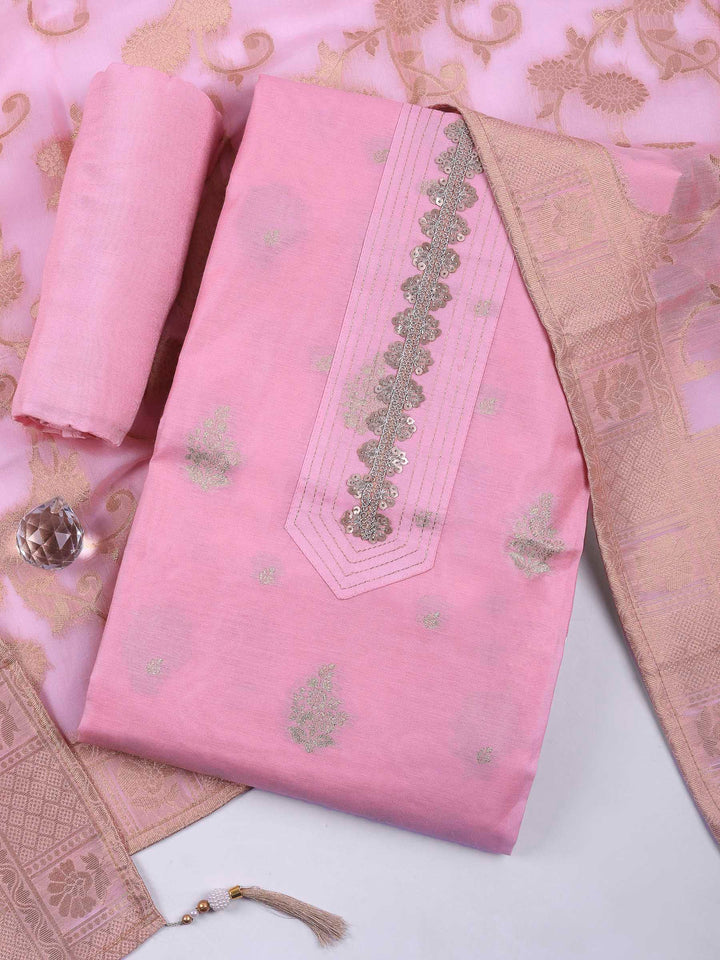 Pink Embroidered Chanderi Unstitched Suit &amp; Pant With Banarsi Dupatta
