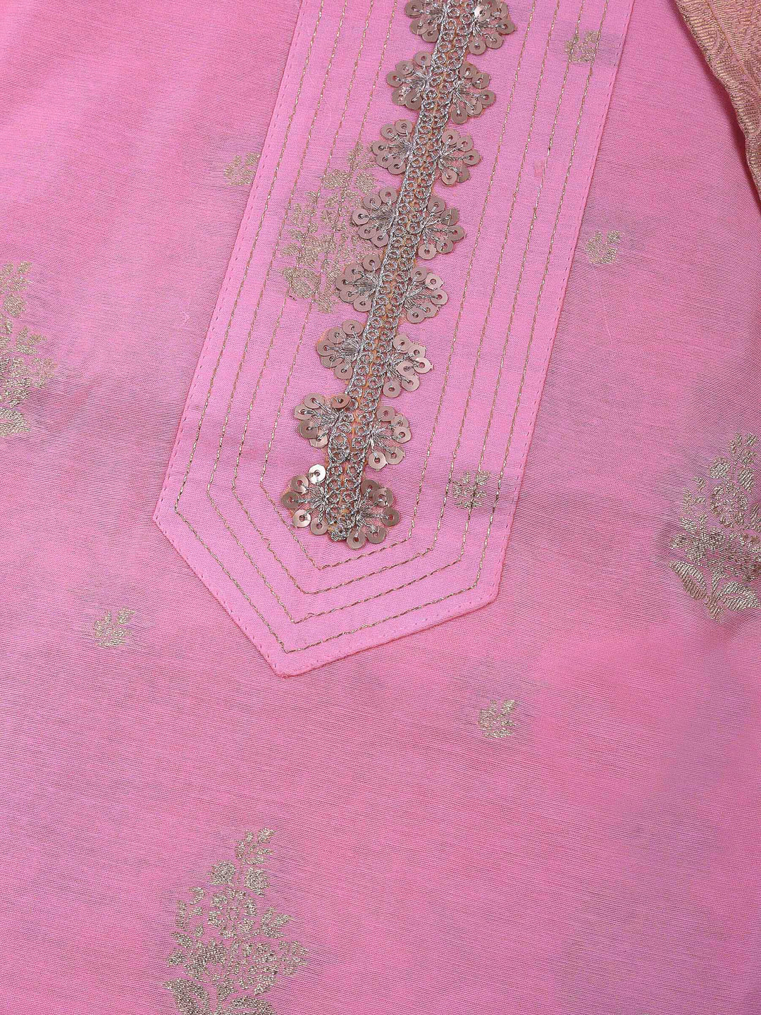 Pink Embroidered Chanderi Unstitched Suit &amp; Pant With Banarsi Dupatta
