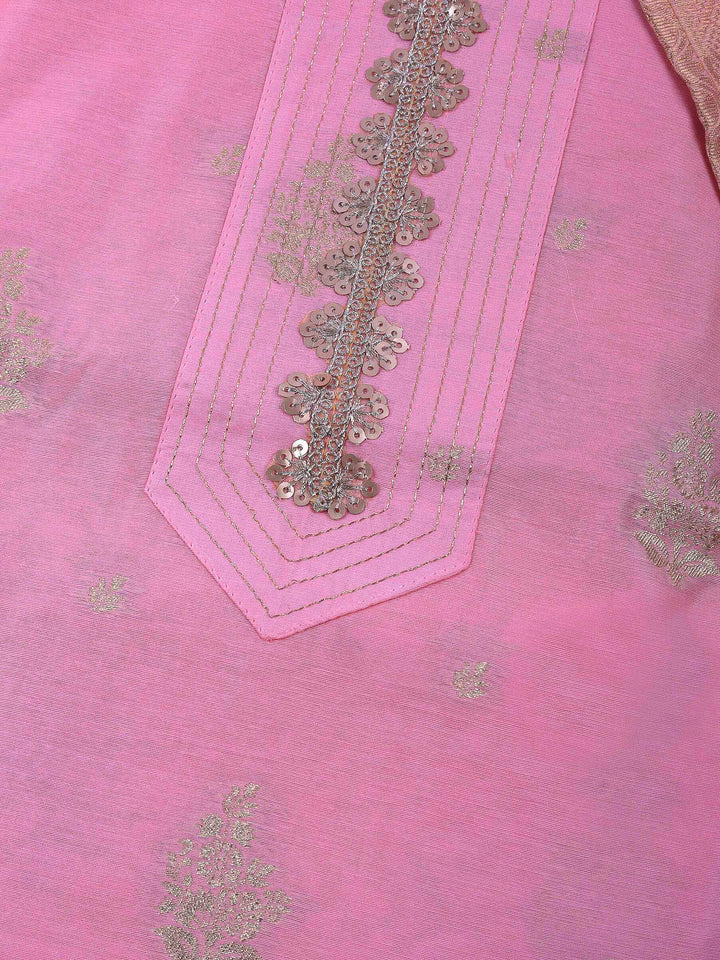 Pink Embroidered Chanderi Unstitched Suit &amp; Pant With Banarsi Dupatta