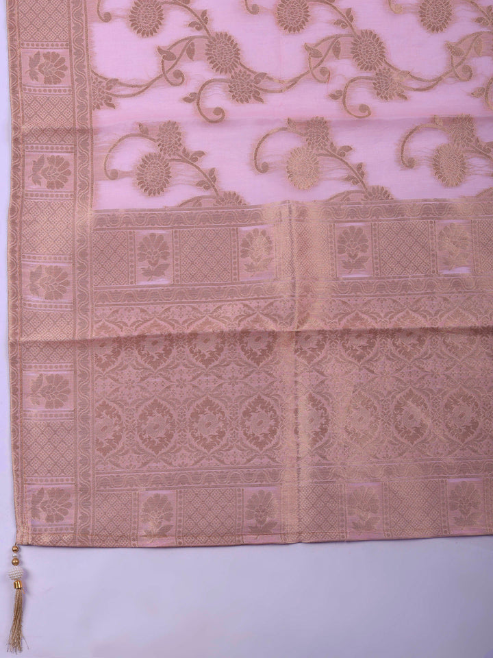 Pink Embroidered Chanderi Unstitched Suit &amp; Pant With Banarsi Dupatta