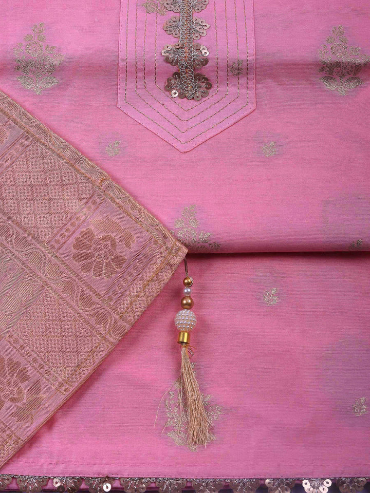 Pink Embroidered Chanderi Unstitched Suit &amp; Pant With Banarsi Dupatta