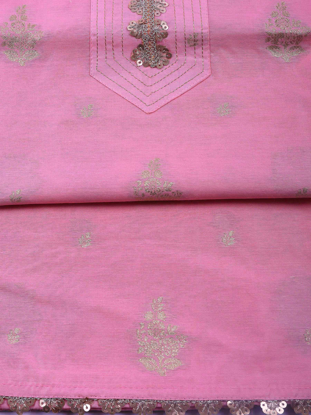 Pink Embroidered Chanderi Unstitched Suit &amp; Pant With Banarsi Dupatta