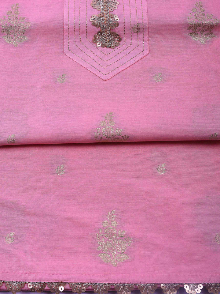 Pink Embroidered Chanderi Unstitched Suit &amp; Pant With Banarsi Dupatta