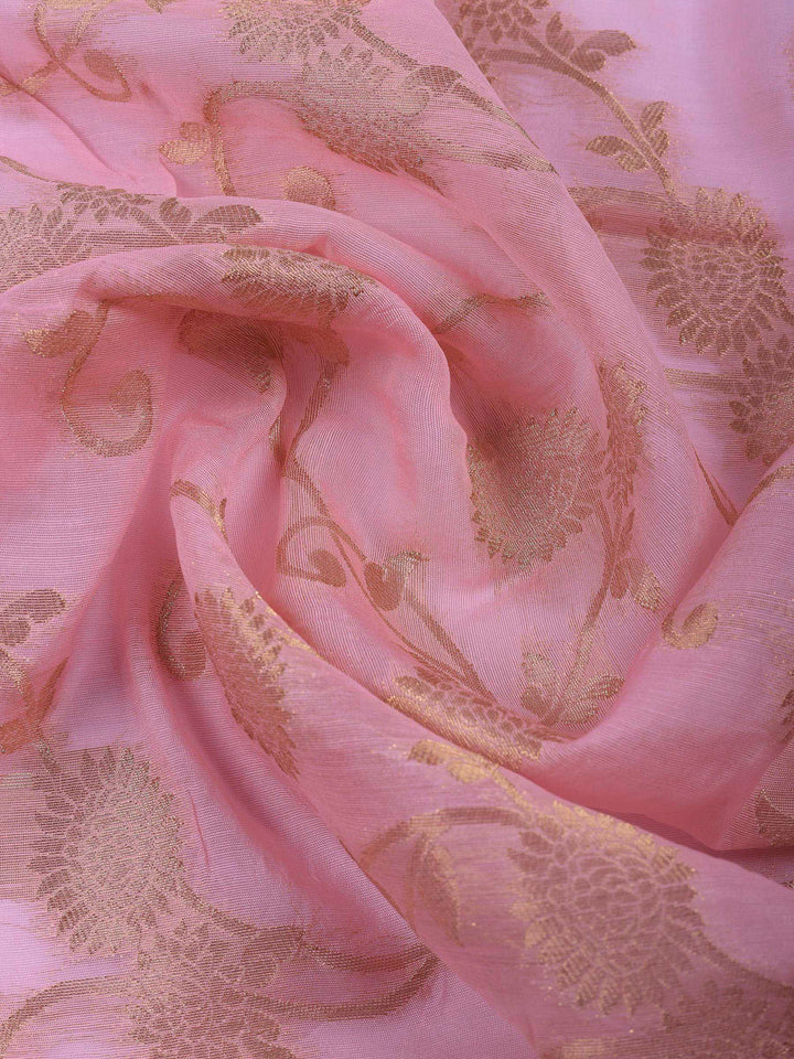 Pink Embroidered Chanderi Unstitched Suit &amp; Pant With Banarsi Dupatta