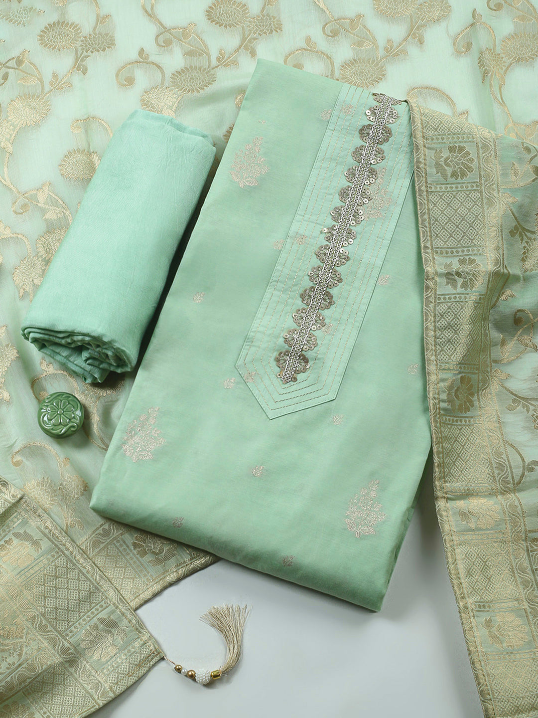 Pista Green Embroidered Chanderi Unstitched Suit &amp; Pant With Banarsi Dupatta