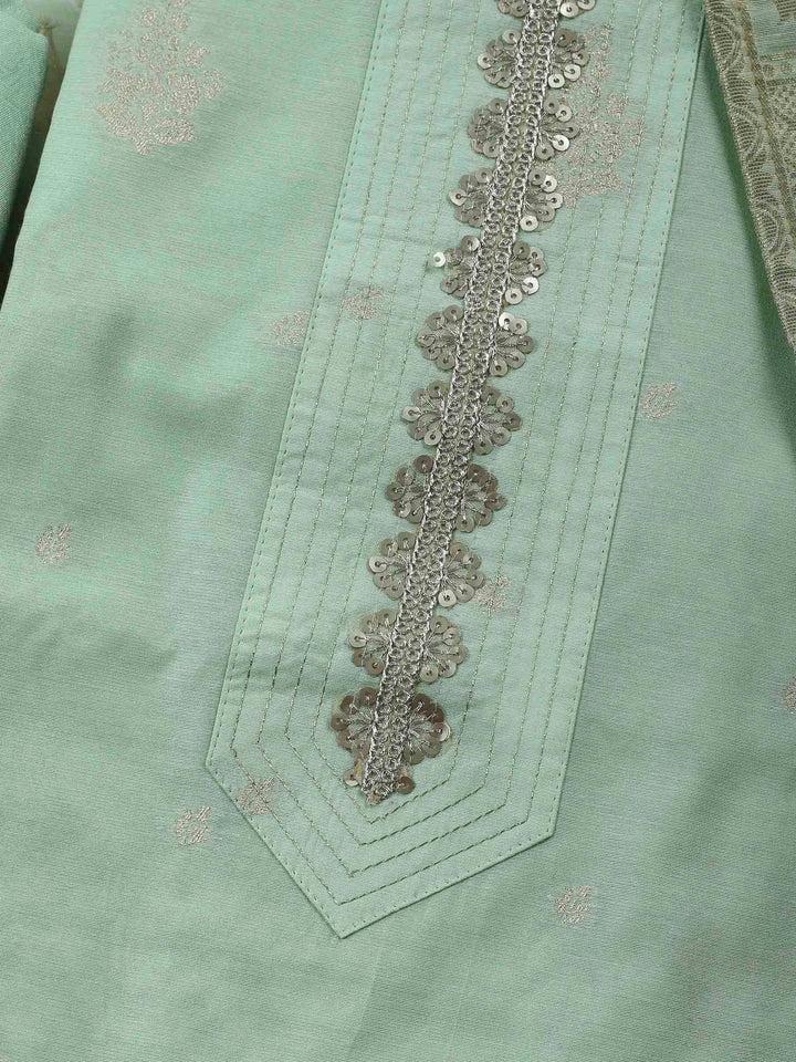 Pista Green Embroidered Chanderi Unstitched Suit &amp; Pant With Banarsi Dupatta