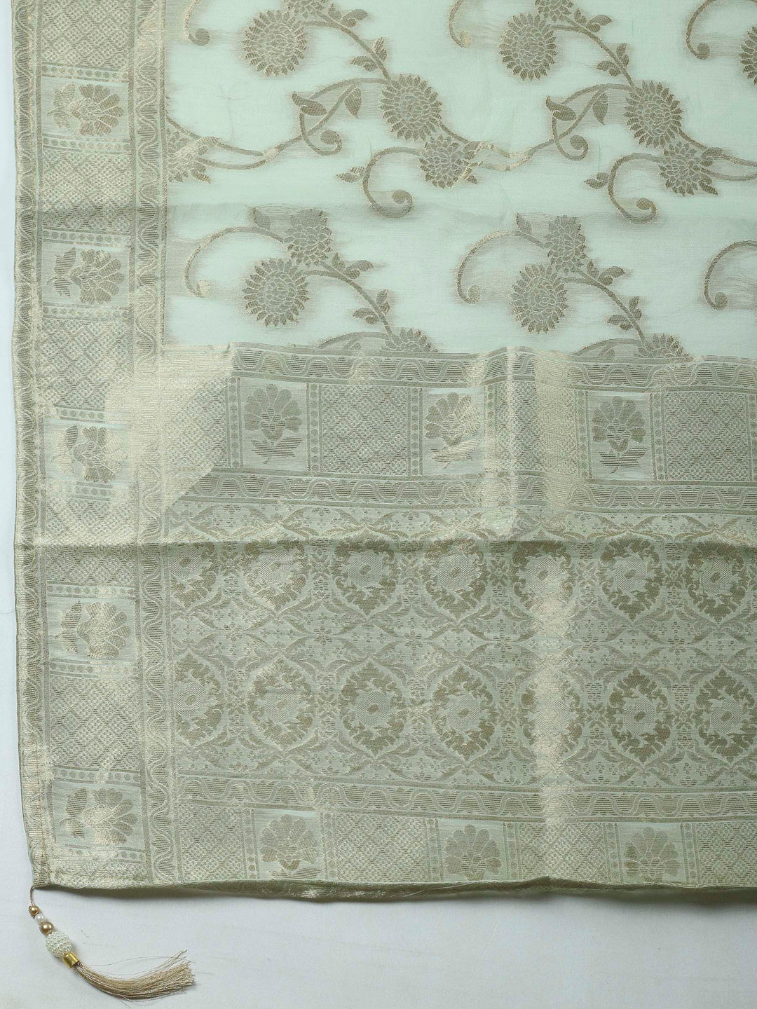 Pista Green Embroidered Chanderi Unstitched Suit &amp; Pant With Banarsi Dupatta