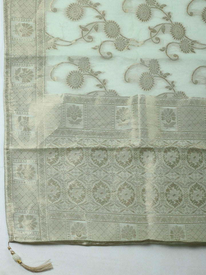 Pista Green Embroidered Chanderi Unstitched Suit &amp; Pant With Banarsi Dupatta