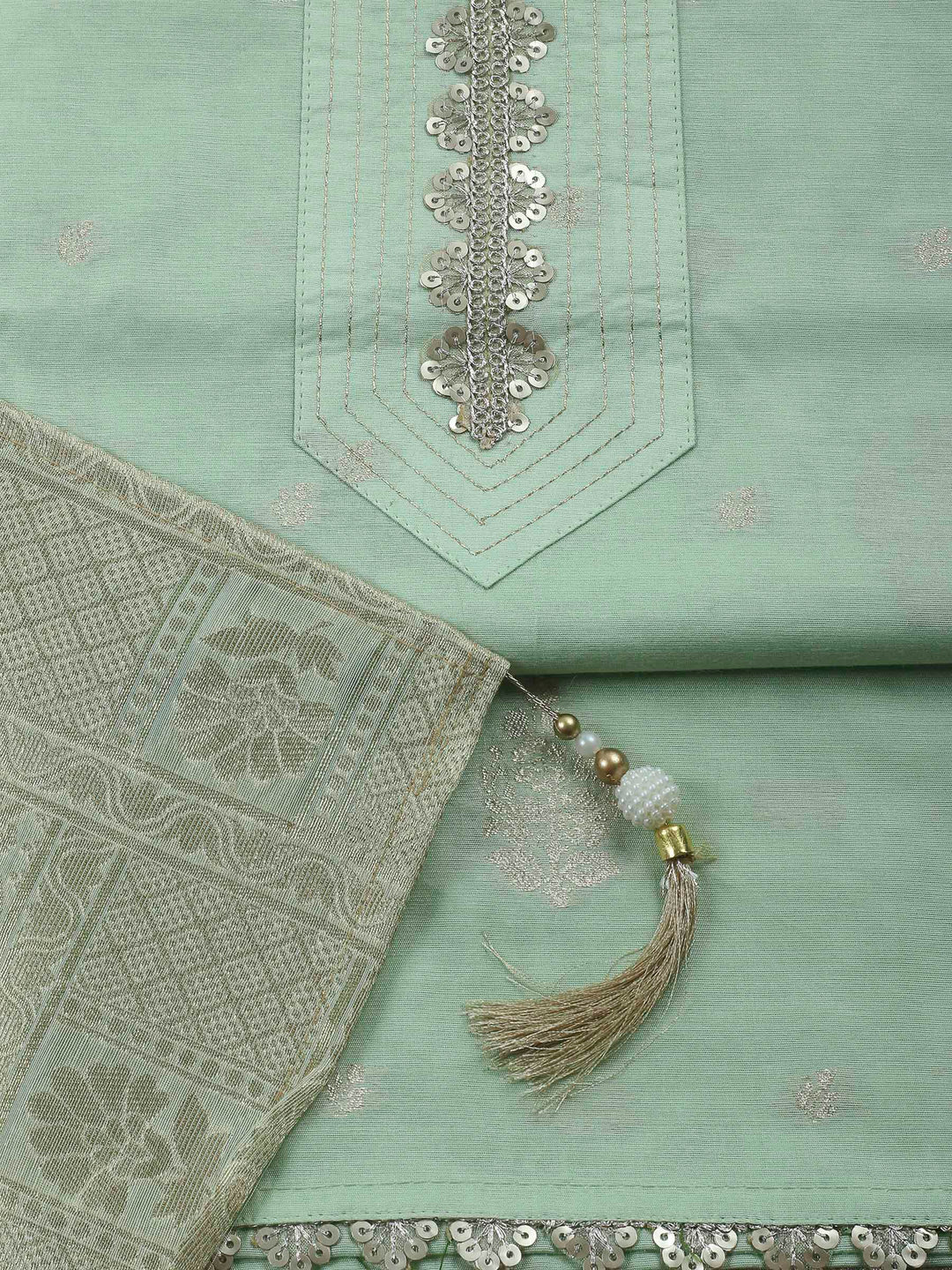 Pista Green Embroidered Chanderi Unstitched Suit &amp; Pant With Banarsi Dupatta